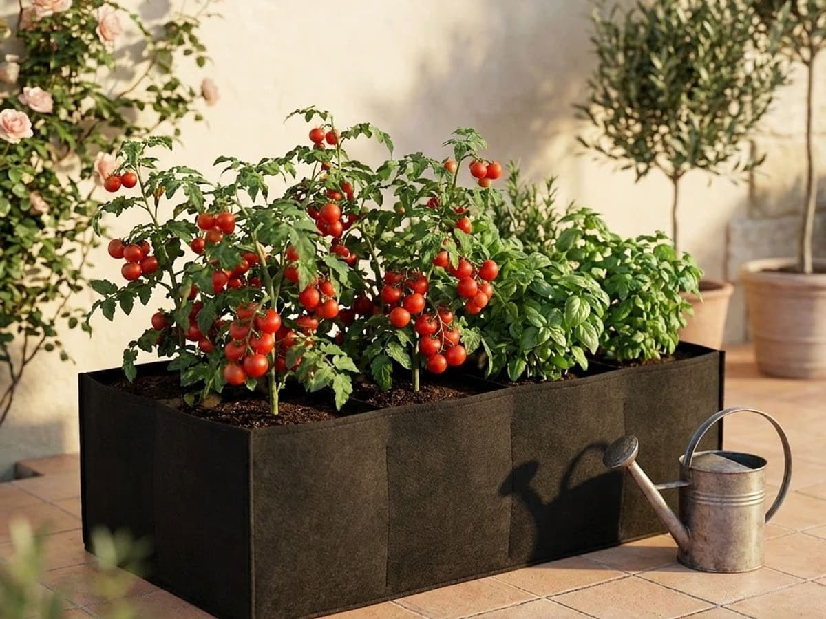Bac potager sureleve en tissu installe sur une terrasse francaise garni de tomates cerises et basilic en pleine production