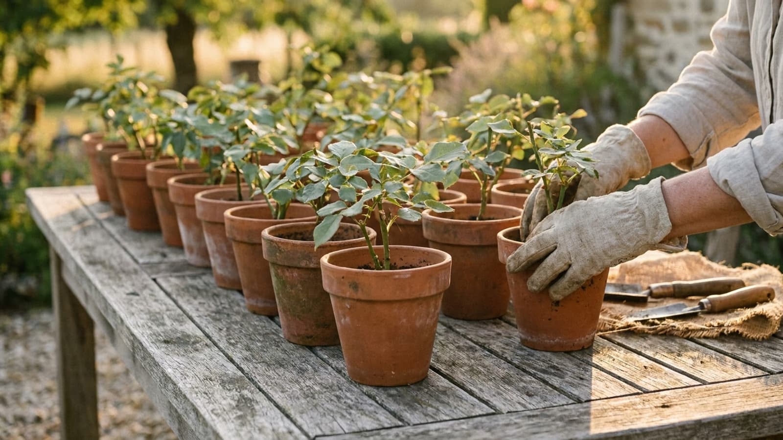 Boutures de rosier aoûtées de 15 cm alignées dans des godets en terre cuite sur table de jardin, fin août en France
