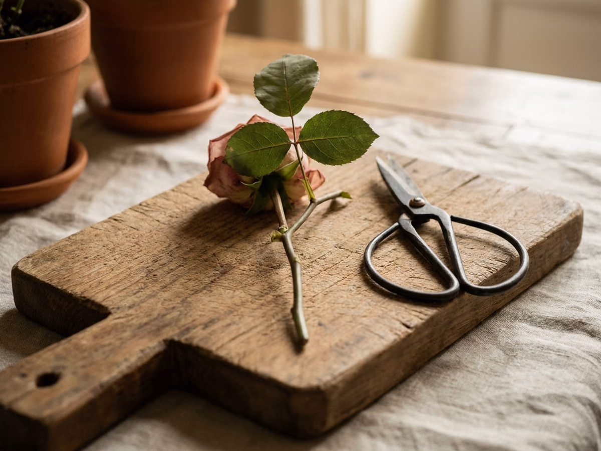 Tige de rose fanée prélevée d'un bouquet, coupée à 15 cm avec 2 feuilles au sommet, posée sur planche à découper en bois