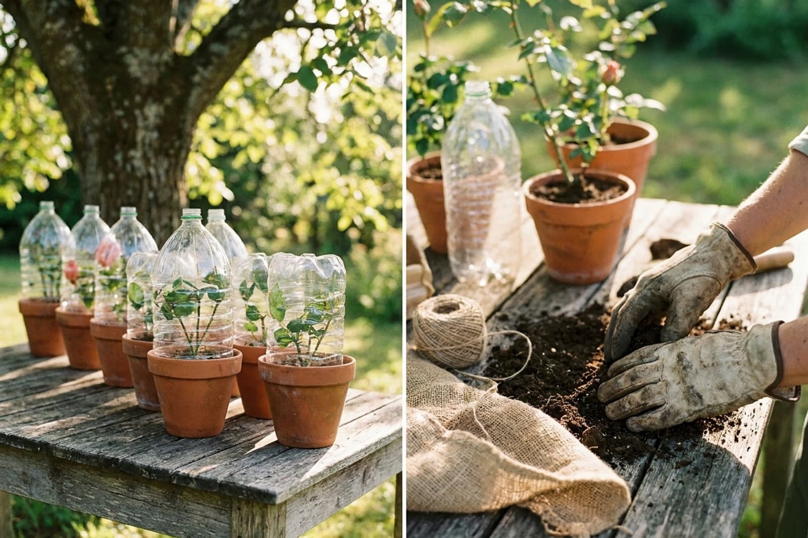 Rangée de godets de boutures de rosier coiffés de bouteilles plastiques transparentes coupées, sur table de jardin à mi-ombre