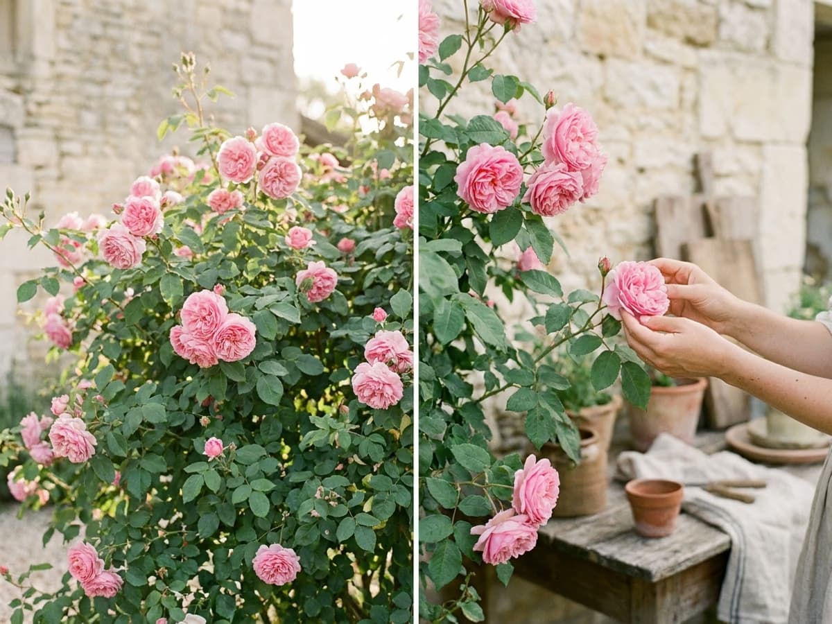 Rosier ancien Bourbon en pleine floraison de juin, fleurs roses doubles parfumées dans un jardin de campagne français