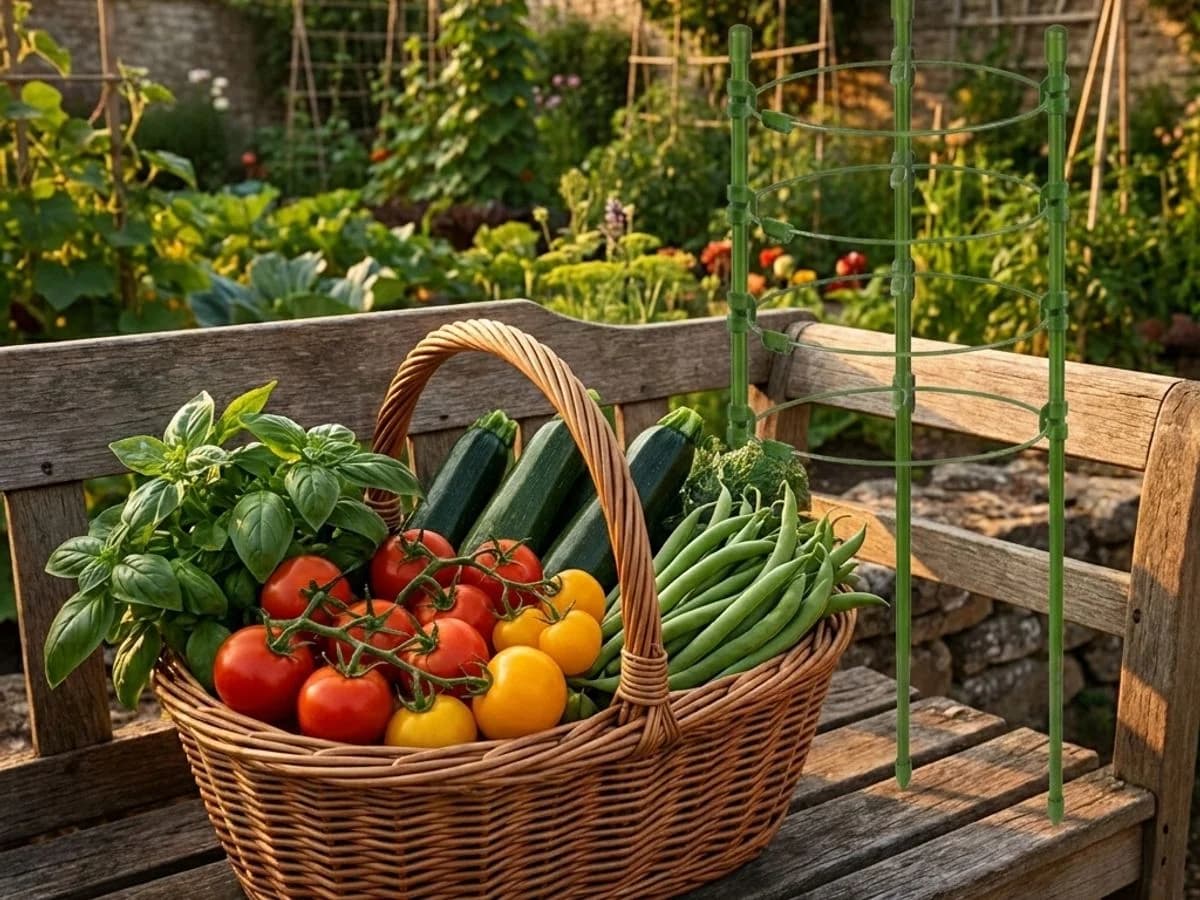Recolte estivale d'aout dans un panier d'osier, tomates grappes rouges et jaunes, courgettes, haricots verts, basilic frais