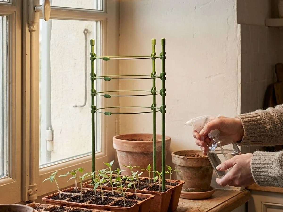 Semis interieurs sur rebord de fenetre lumineux fin d'hiver, terrines avec jeunes pousses sous lampe horticole douce