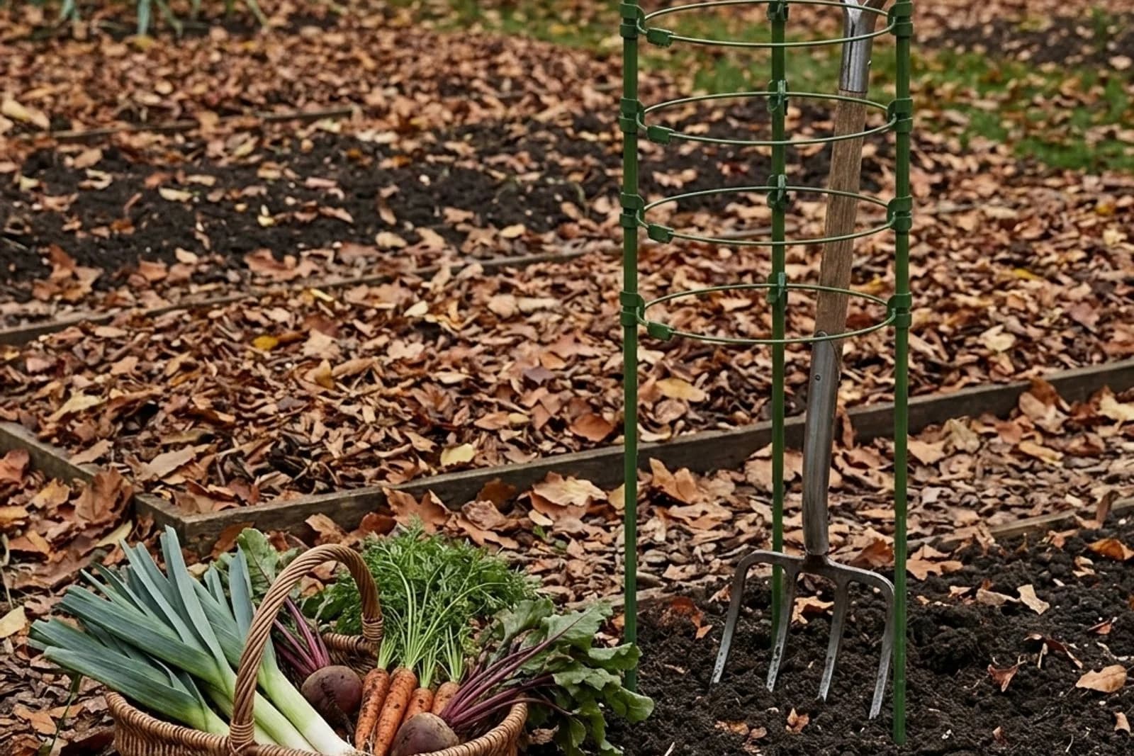 Travaux d'automne au potager en novembre, grelinette dans le sol, feuilles mortes en paillage, panier de legumes racines