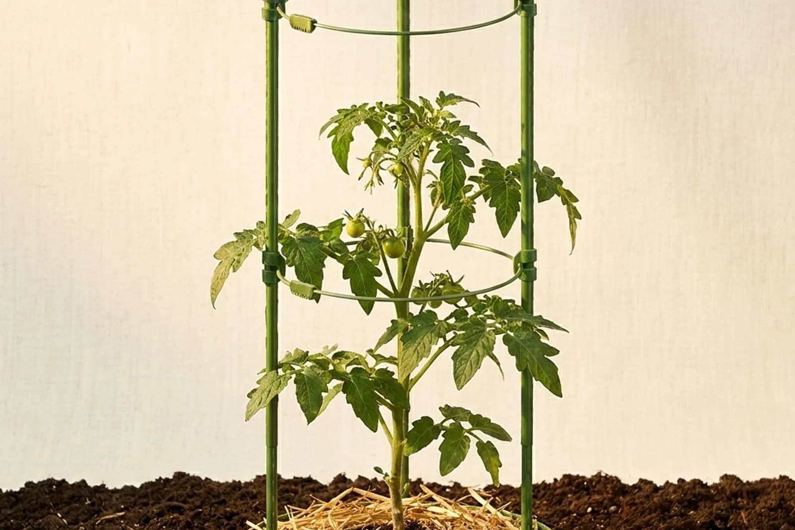 Tuteur empilable modulaire vert assemble a 60 cm autour d'un jeune plant de tomate en juin, sections clipsables visibles