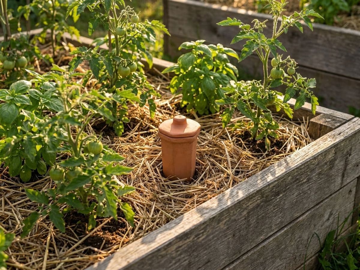 Oya en terre cuite enterree dans une planche de potager paillee, seul le couvercle terracotta affleure entre les plants de tomates et de basilic