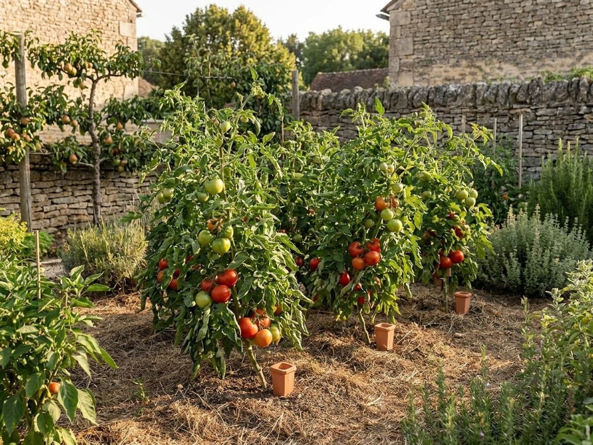 Plants de tomates vigoureux avec fruits rouges et verts en train de murir, le couvercle terracotta d'une oya enterree visible au pied du plant