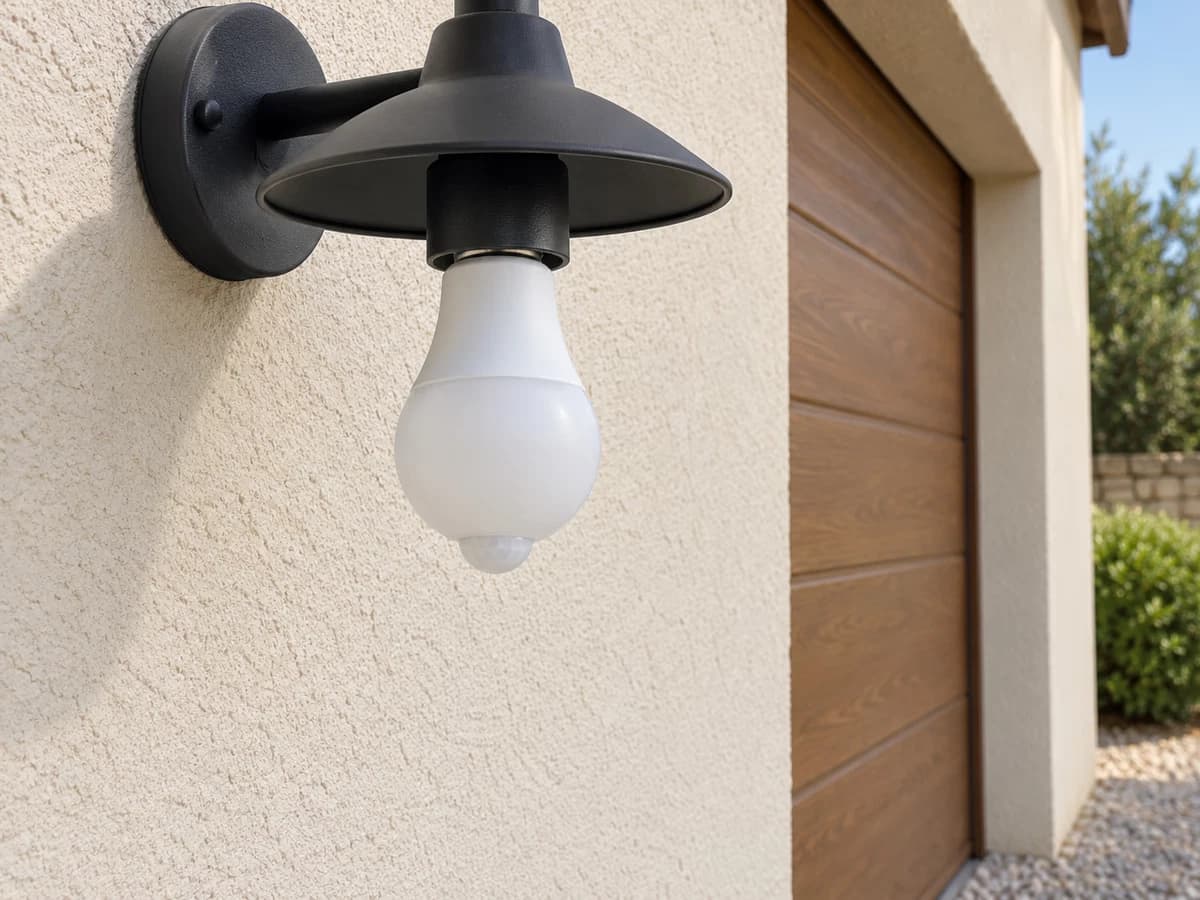 Ampoule à détecteur de mouvement vissée dans une lanterne murale noire simple, sur un mur de façade crépi près d’une porte de garage, en plein jour