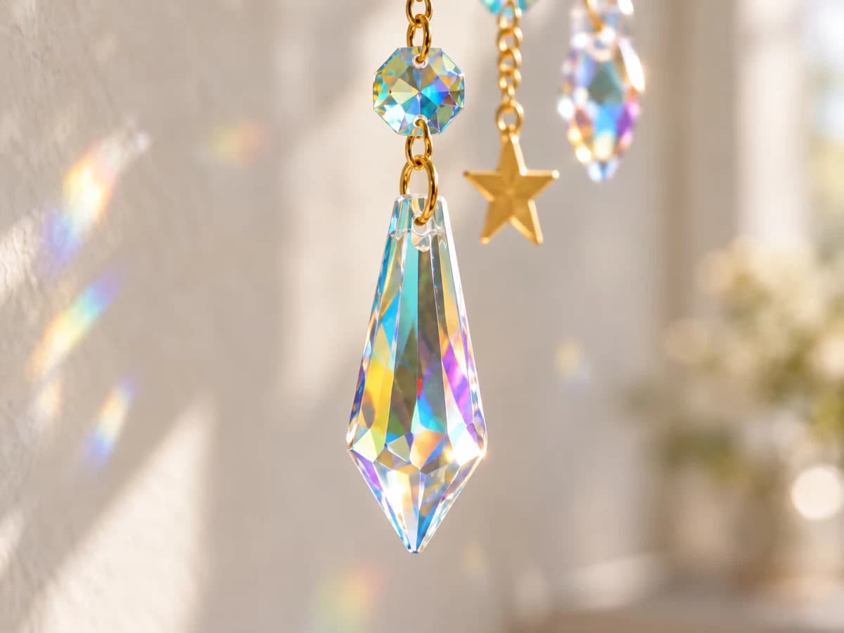 Goutte de cristal au revêtement irisé suspendue à une chaînette dorée, teinte changeant selon l'angle de vue