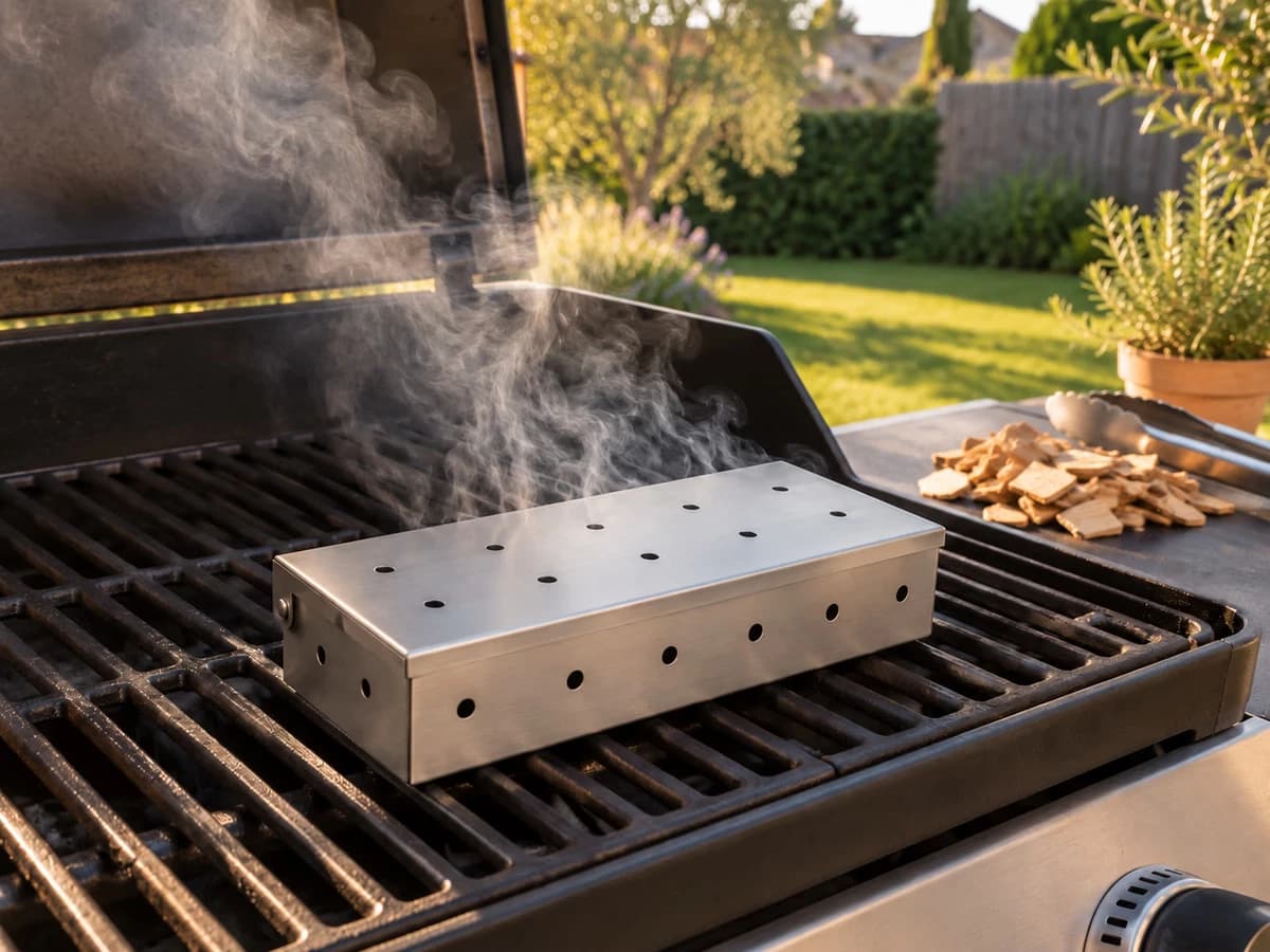 Boîte de fumage en acier inoxydable posée sur la grille d'un barbecue allumé, fine fumée aromatique s'échappant du couvercle perforé