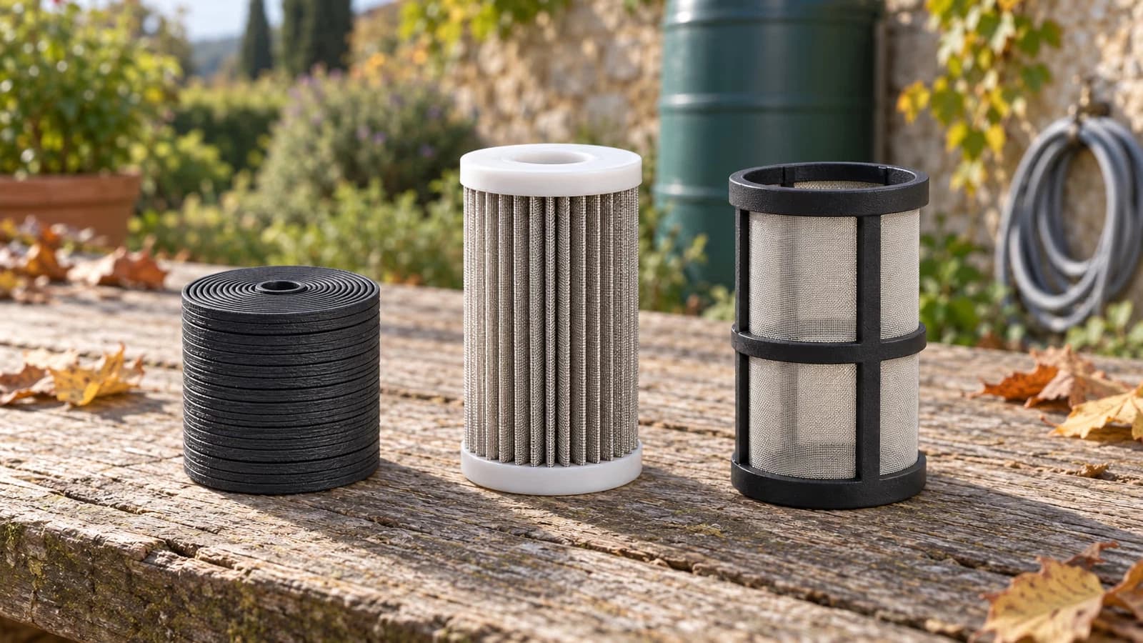 Trois éléments filtrants posés sur un établi : pile de disques rainurés, cartouche plissée et tamis inox côte à côte