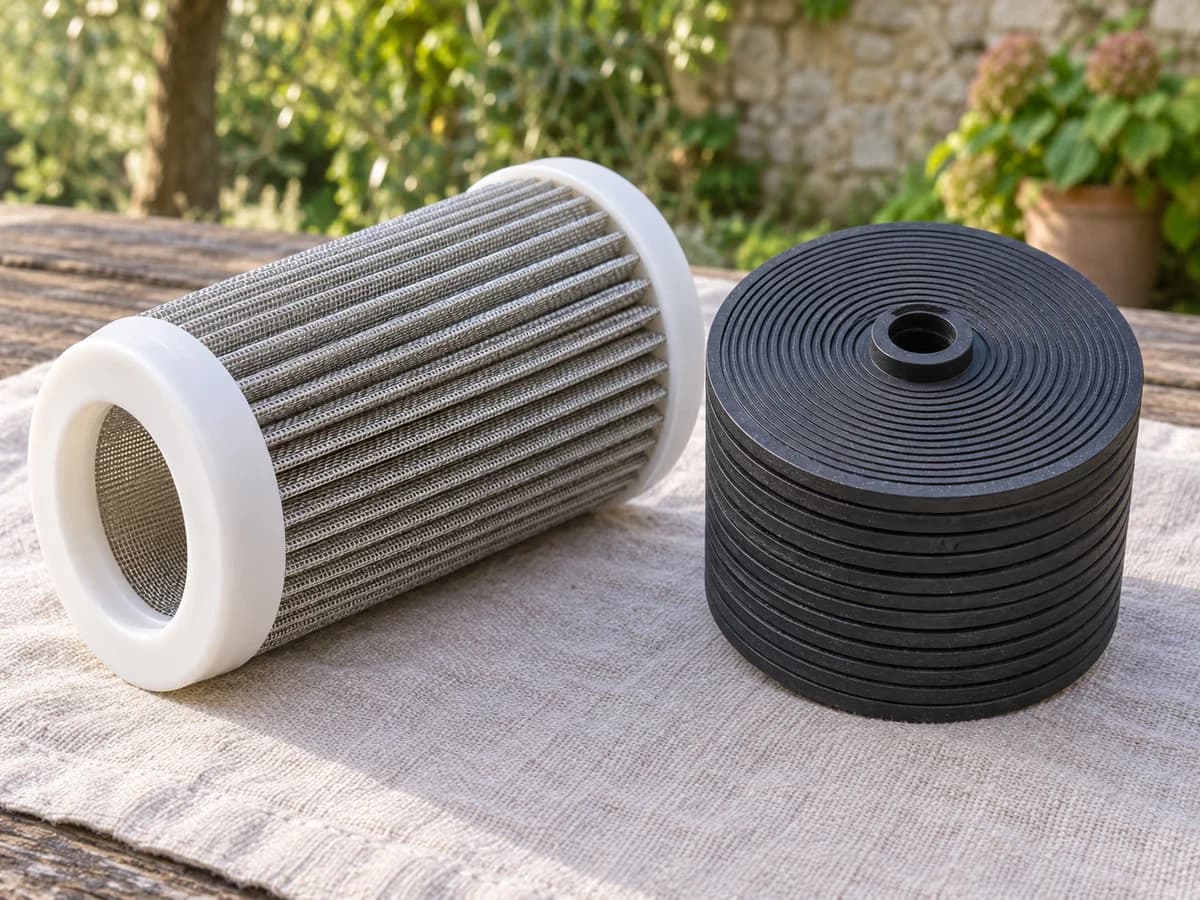 Cartouche plissée sortie de son boîtier, posée sur un linge clair à côté d'une pile de disques rainurés en plastique