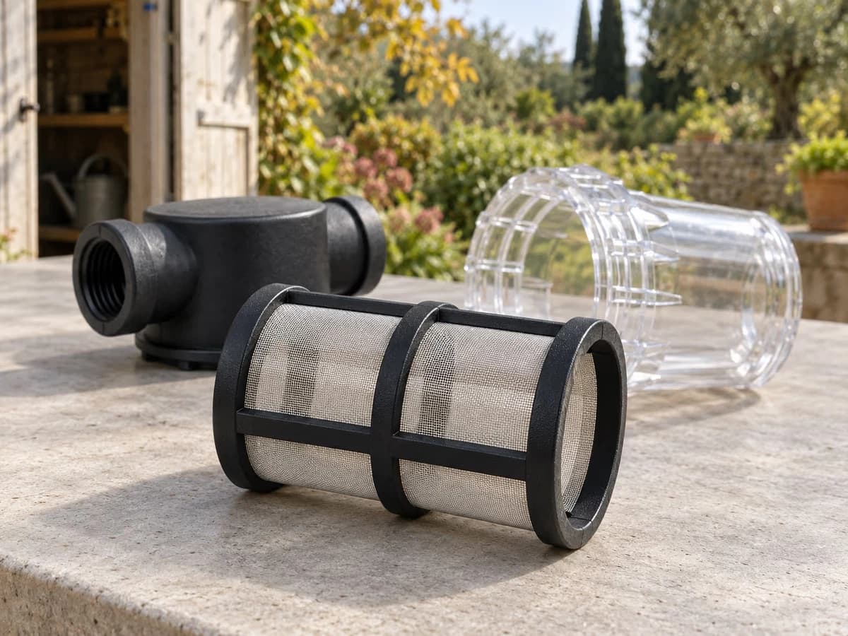 Tamis inox sorti de son corps en plastique noir, posé à plat sur un plan de travail clair près d'un bocal transparent