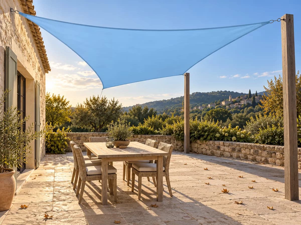 Ombre d'une voile d'ombrage décalée sur le côté d'une terrasse en fin de saison, table de jardin restée dans la lumière