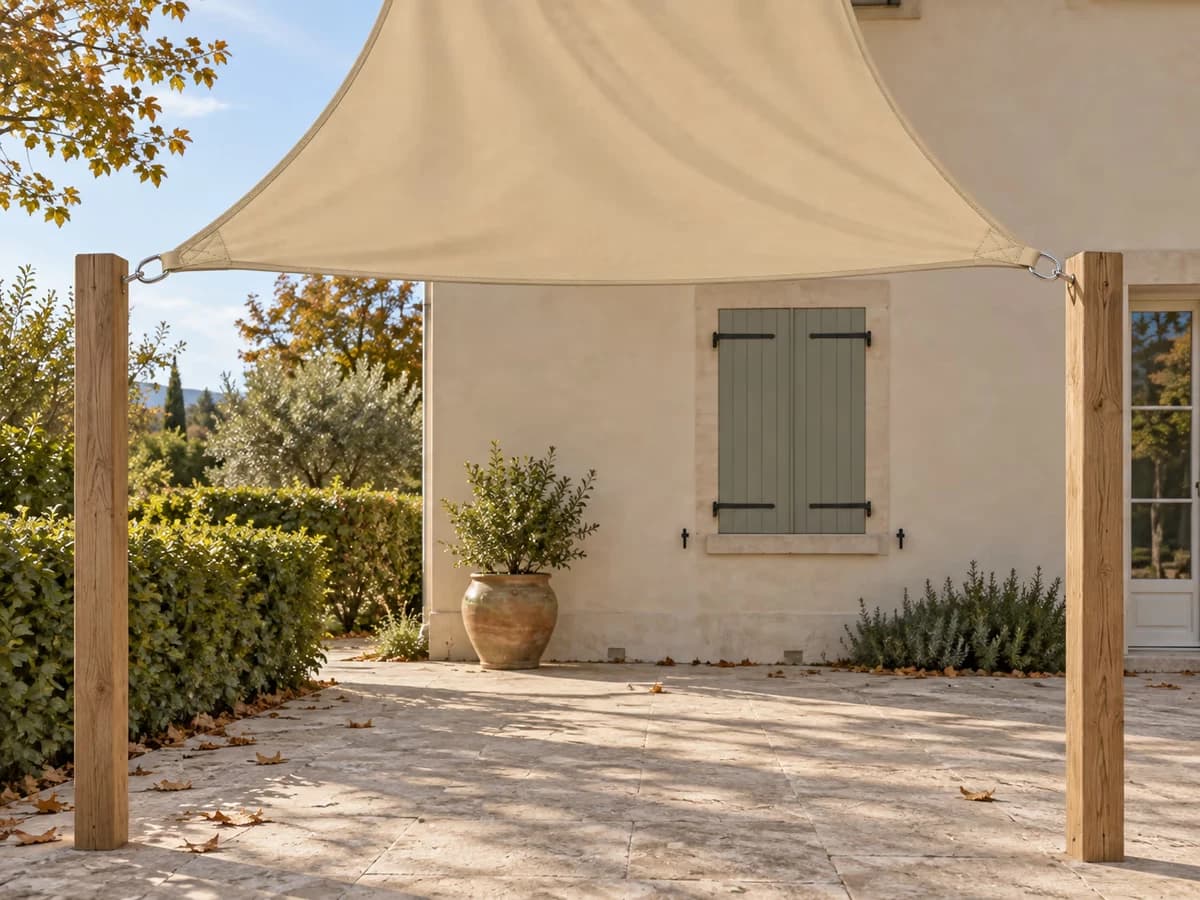 Deux poteaux bois verticaux alignés face à la façade d'une maison, vus depuis la zone à ombrager de la terrasse