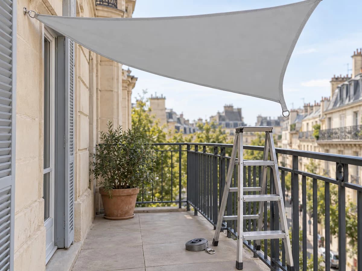 Voile d'ombrage tendue entre un mur et un garde-corps de balcon, escabeau posé à plat sur la dalle au pied de la lisière