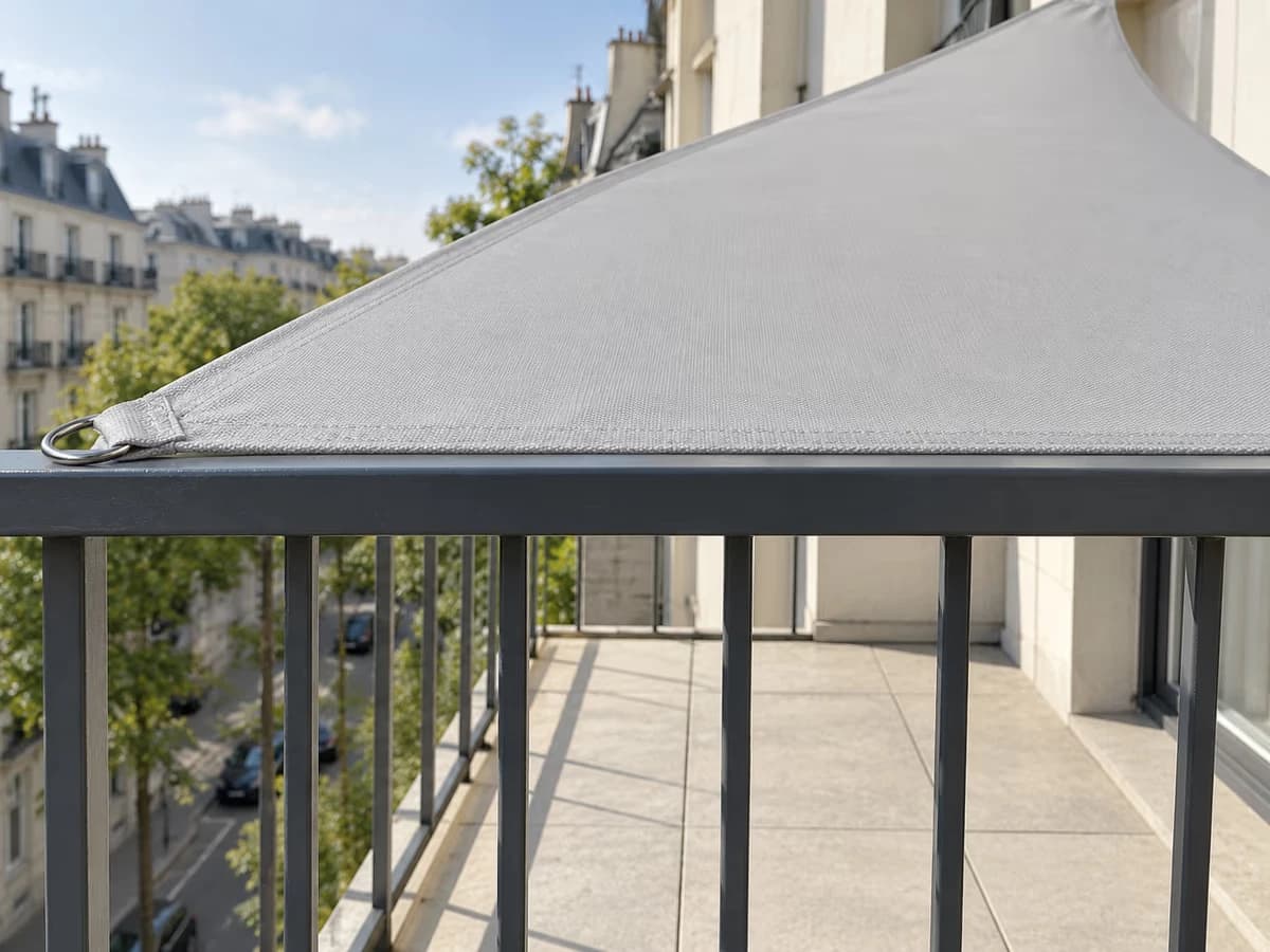 Garde-corps de balcon au premier plan avec le bord bas d'une voile d'ombrage tendue au-dessus, dalle dégagée en dessous