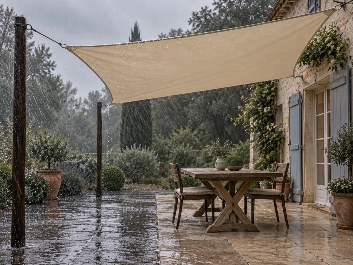 Averse poussée par le vent sous une voile d'ombrage beige, pluie oblique visible sous le bord et dalle mouillée au pied de la toile