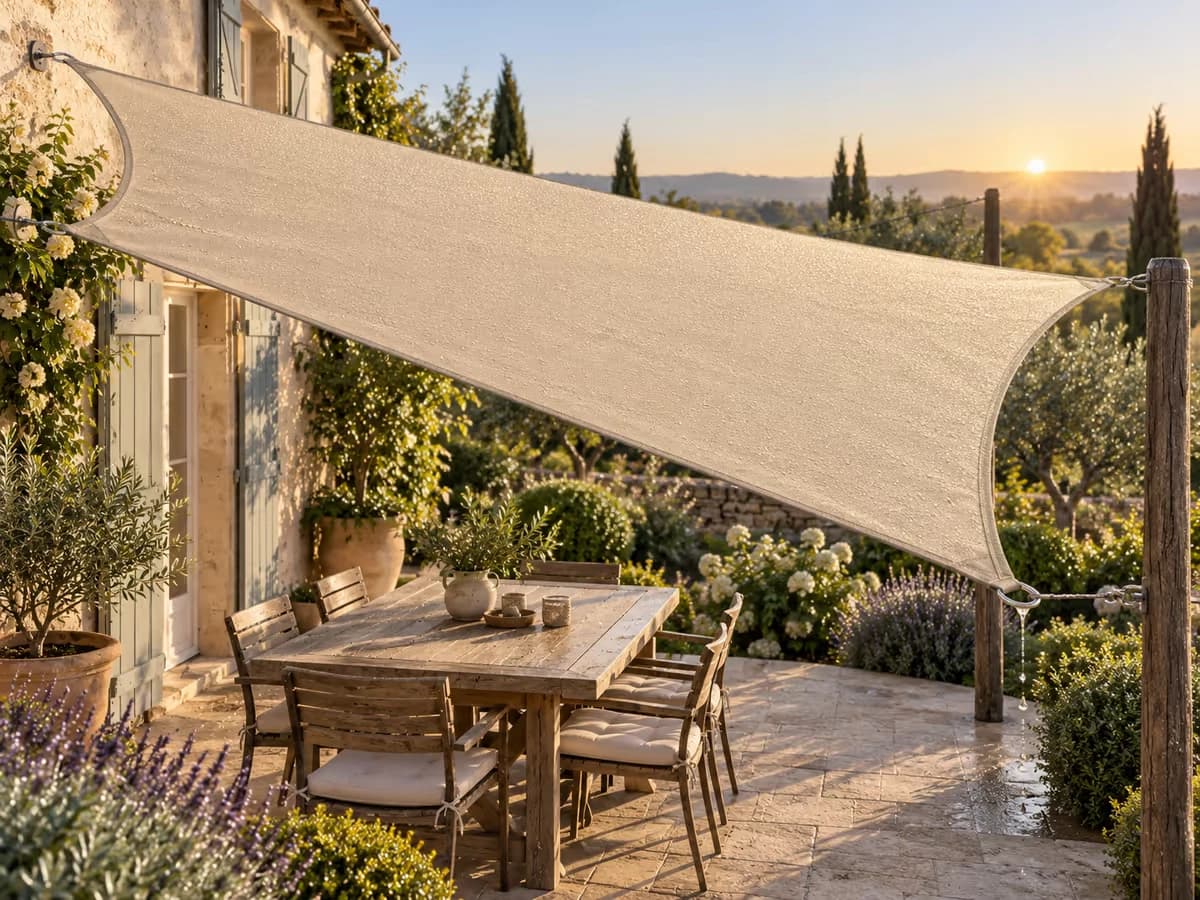 Voile d'ombrage beige couverte de rosée au lever du jour, gouttes alignées sur la toile et sur la lisière du bord