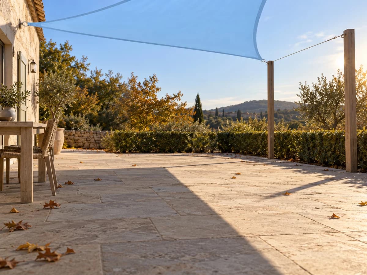 Ombre portée d'une voile d'ombrage triangulaire sur des dalles de terrasse en fin d'après-midi, bord de l'ombre décalé par rapport aux appuis