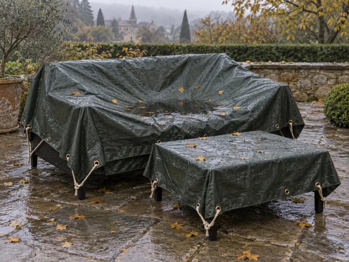 Bâche plastique tendue sur un salon de jardin, creux plein d'eau entre le dossier et l'assise, corde dans les œillets