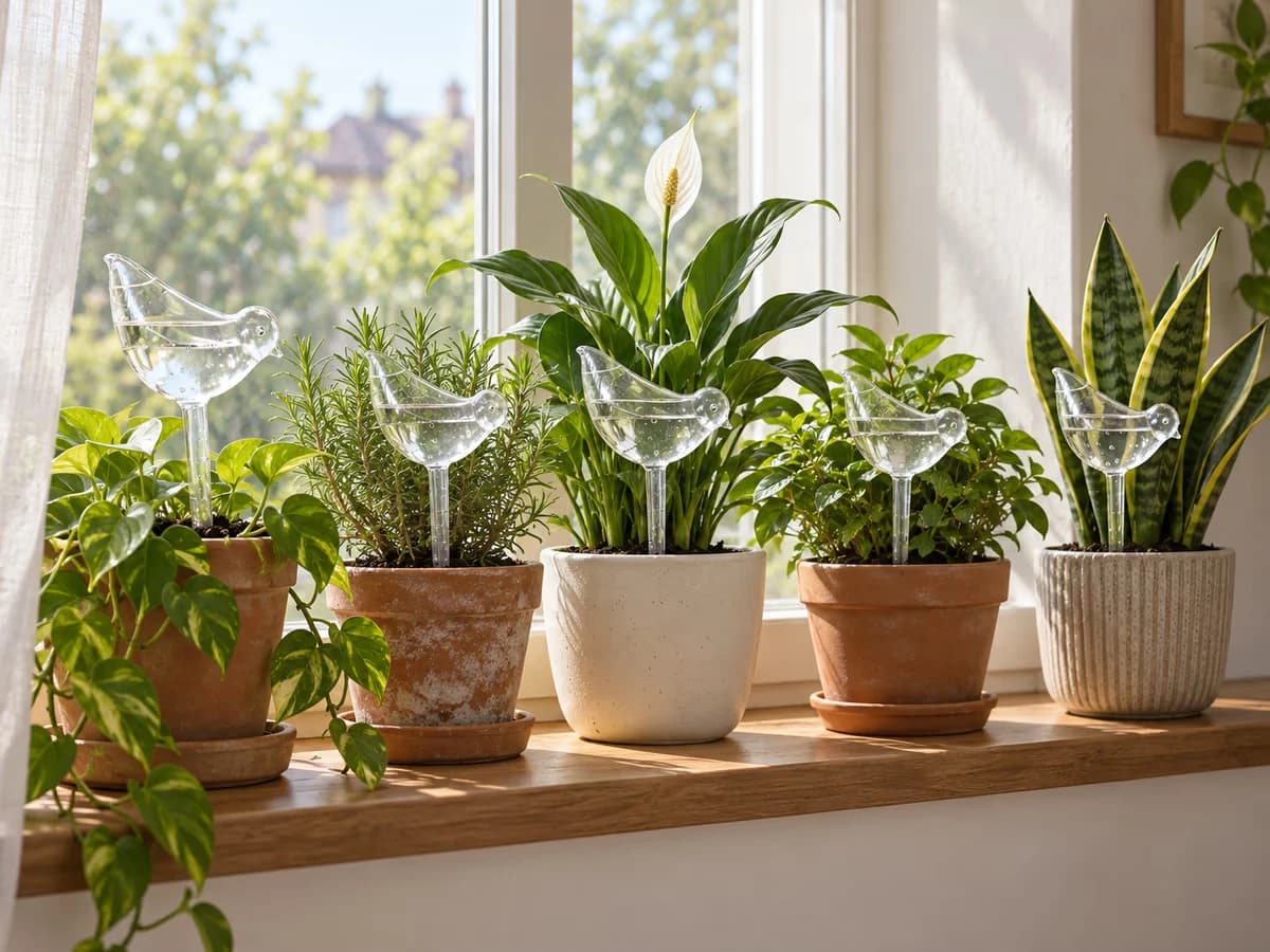 Cinq globes d'arrosage en forme d'oiseau plantés dans des pots de plantes vertes alignés sur un rebord de fenêtre à l'intérieur