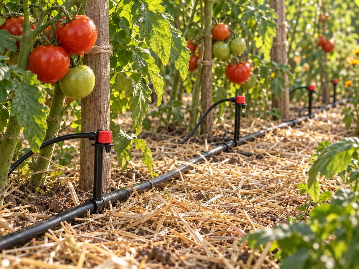 Ligne de goutte-à-goutte noire courant au pied de rangs de tomates paillées, goutteurs piqués dans le sol