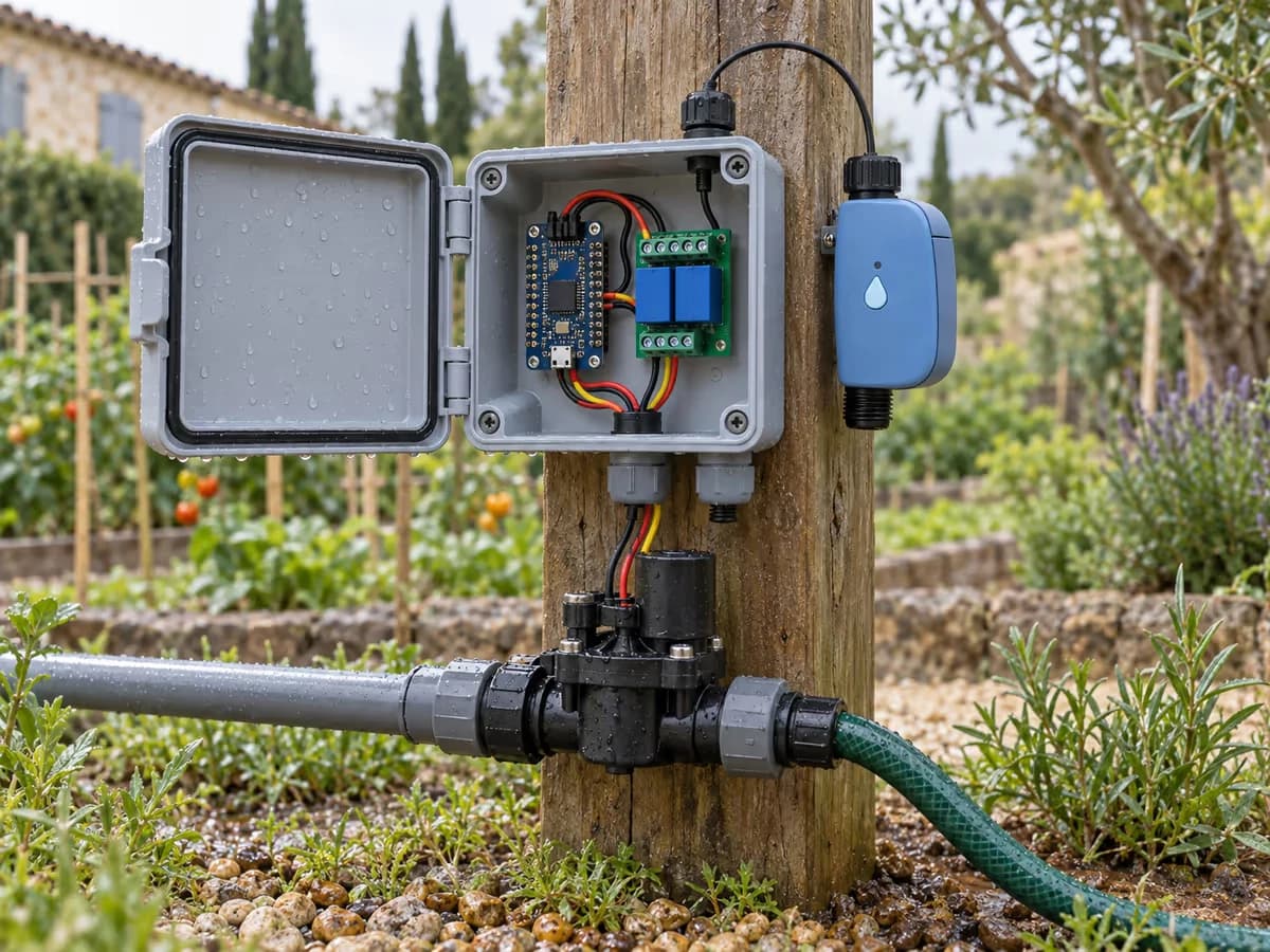 Microcontrôleur et relais câblés dans une boîte de dérivation étanche près d'une électrovanne