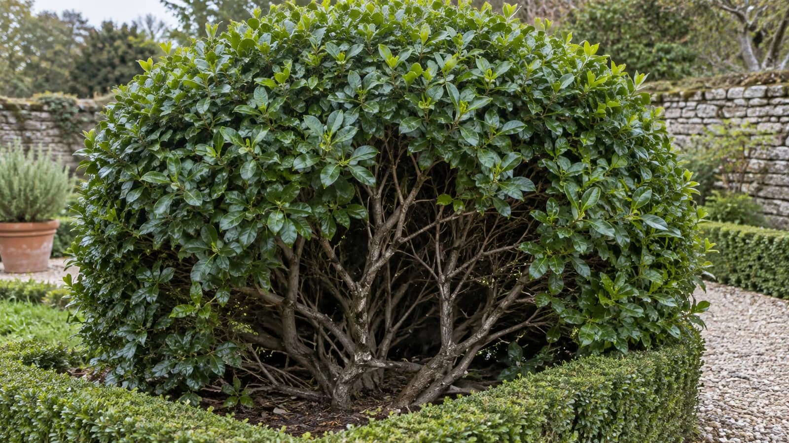 Arbuste persistant dont le centre laisse voir des tiges nues sous une couronne de feuilles vertes et serrées