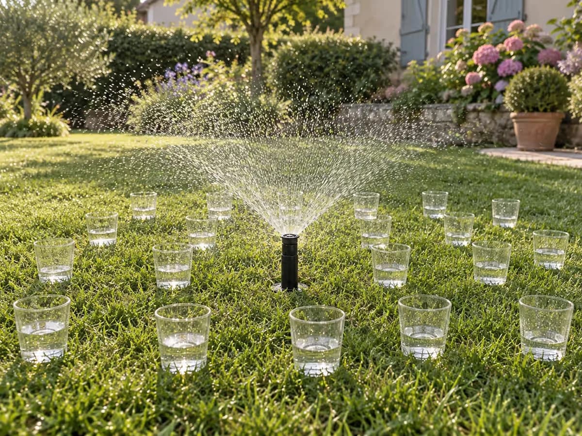 Récipients en verre posés en grille sur une pelouse autour d'un arroseur en marche, gouttes d'eau en suspension