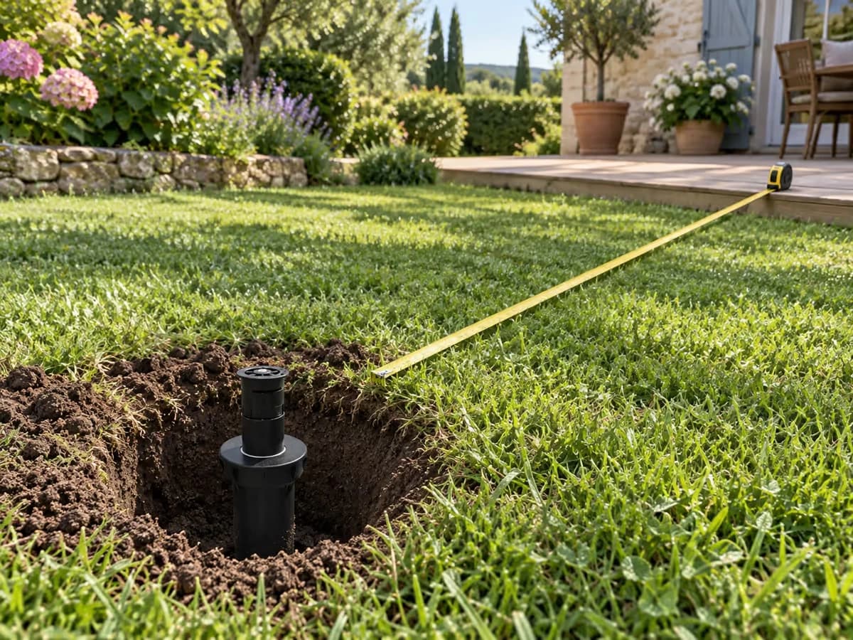 Trou de plantation dans une pelouse avec corps d'arroseur escamotable posé au fond, mètre ruban tendu vers une terrasse