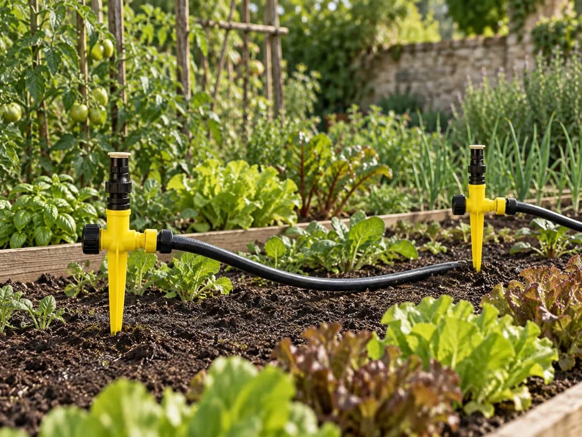 Deux arroseurs rotatifs sur piquets plantés dans un potager, reliés par un tuyau souple posé au sol