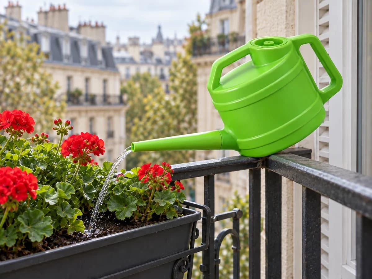 Filet d'eau versé d'un bec d'arrosoir au pied d'une jardinière de géraniums sur un balcon