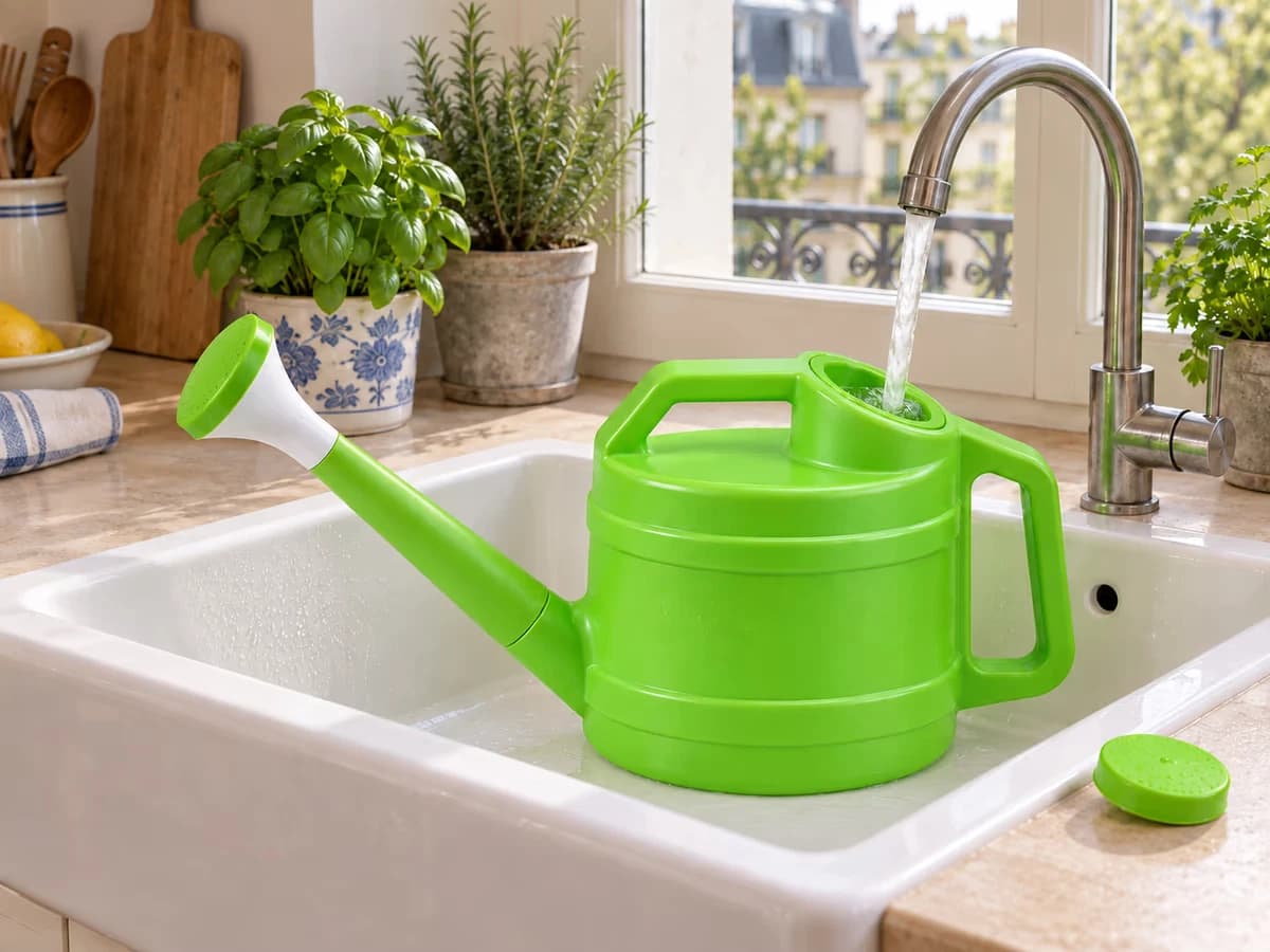 Remplissage d'un arrosoir vert de 2,5 L sous le robinet d'un évier de cuisine, couvercle posé à côté