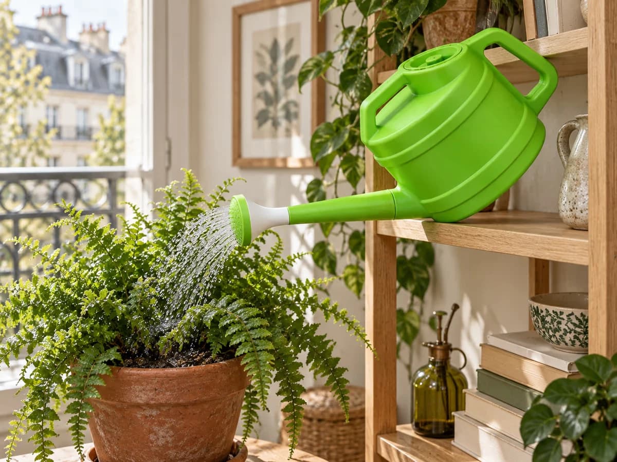 Pluie fine tombant d'une pomme d'arrosoir sur un pot de fougère posé sur une étagère en bois