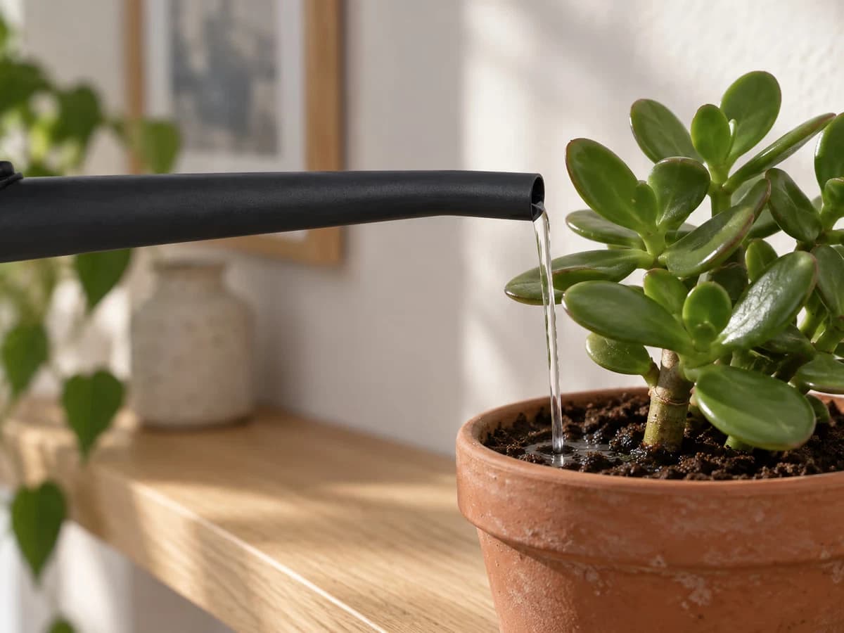 Bec long d'un arrosoir noir glissé au-dessus du bord d'un pot de plante grasse posé sur une étagère, eau tombant au pied de la tige