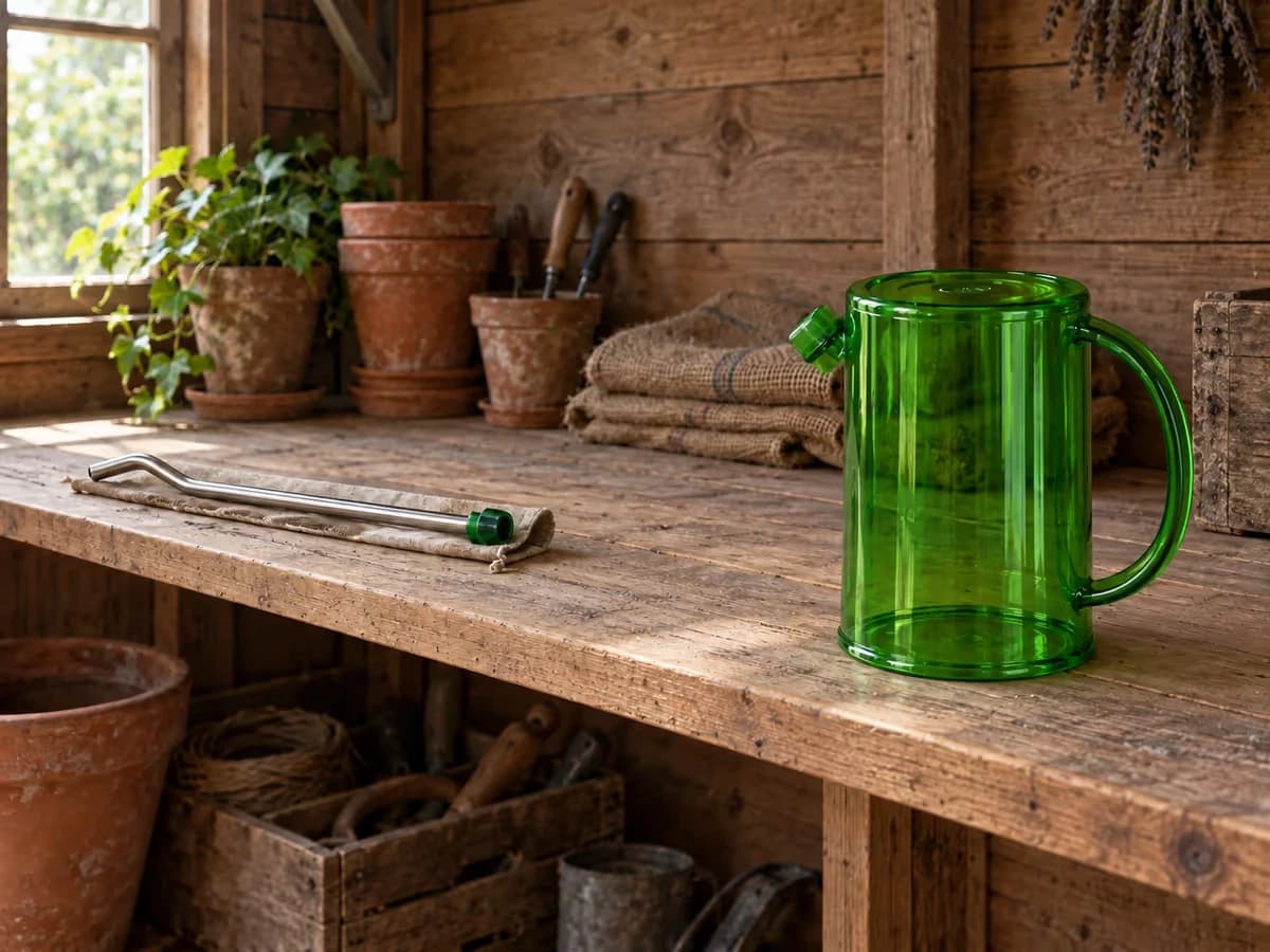 Arrosoir vert vide posé tête en bas sur une étagère de remise en bois, bec en acier inoxydable démonté posé à côté