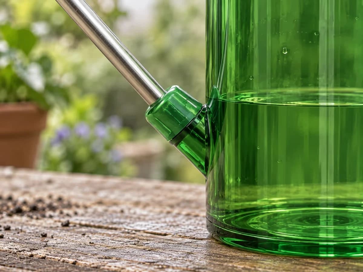 Gros plan sur le raccord d'un bec long en acier inoxydable, fixé en bas de paroi d'un arrosoir vert à corps translucide