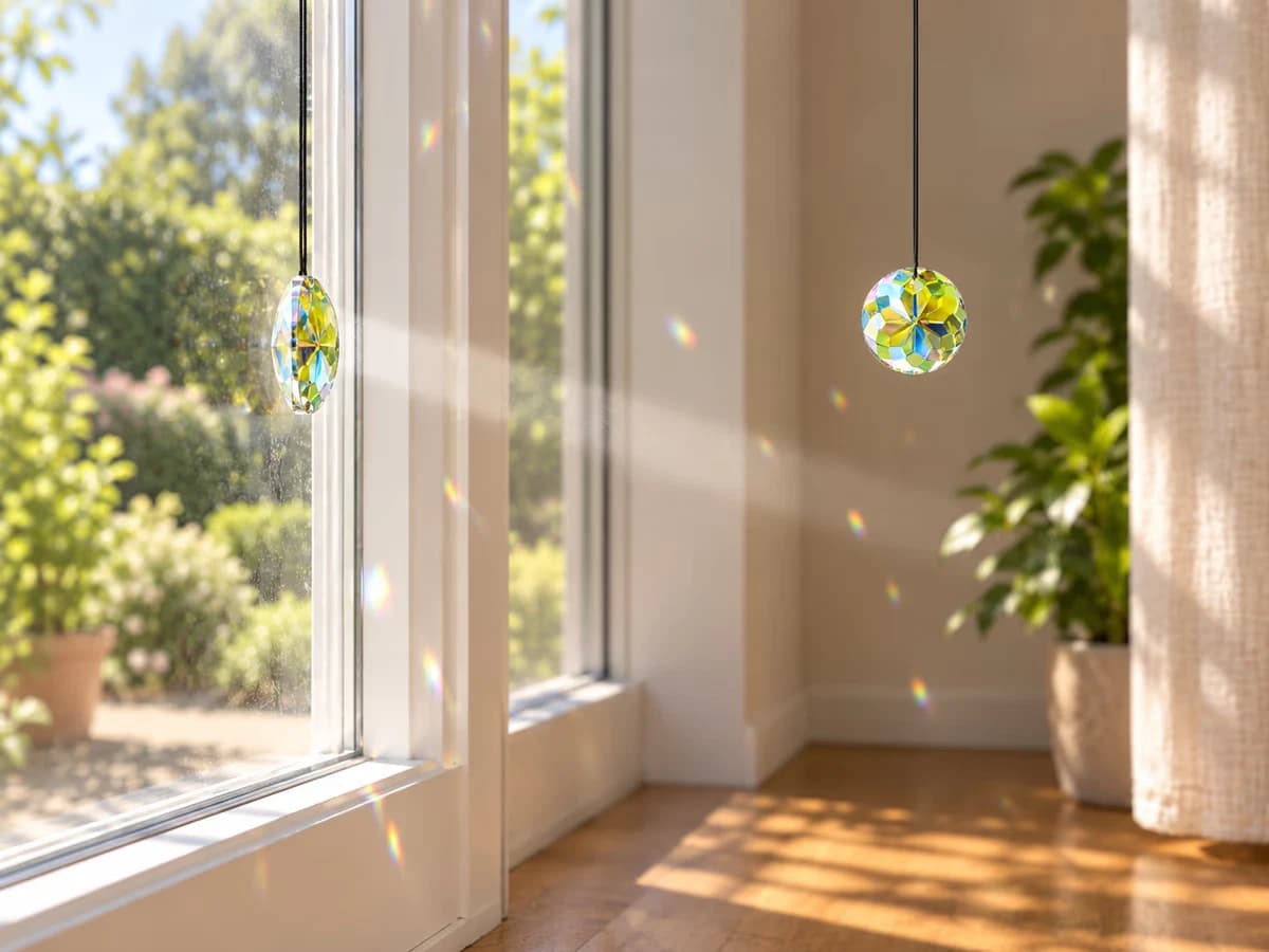 Disque de cristal taillé suspendu près de la vitre, sa zone privée de lumière directe traçant une bande oblique vers le second disque plus avancé dans la pièce