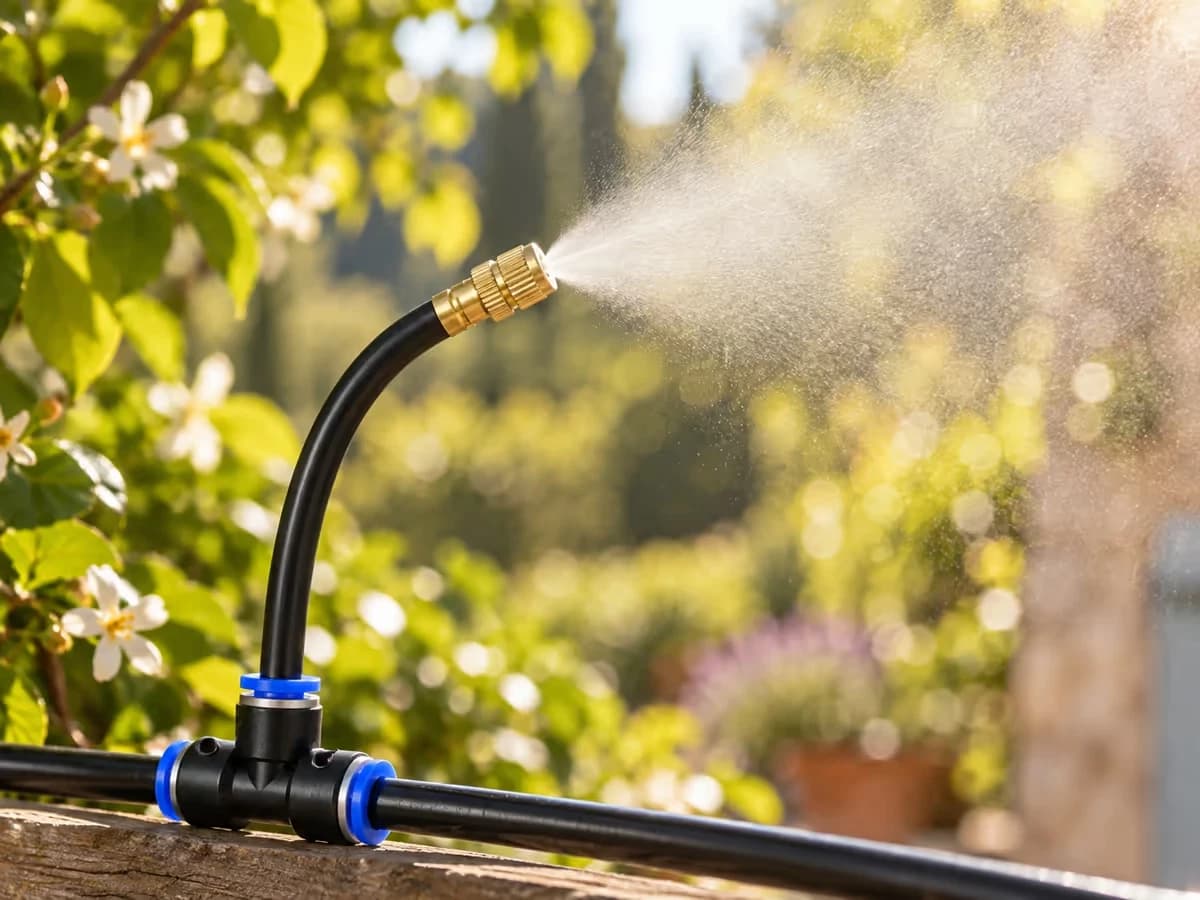 Gros plan sur une buse de brumisation flexible à embout métallique orientée vers le haut, fine brume devant un feuillage de terrasse
