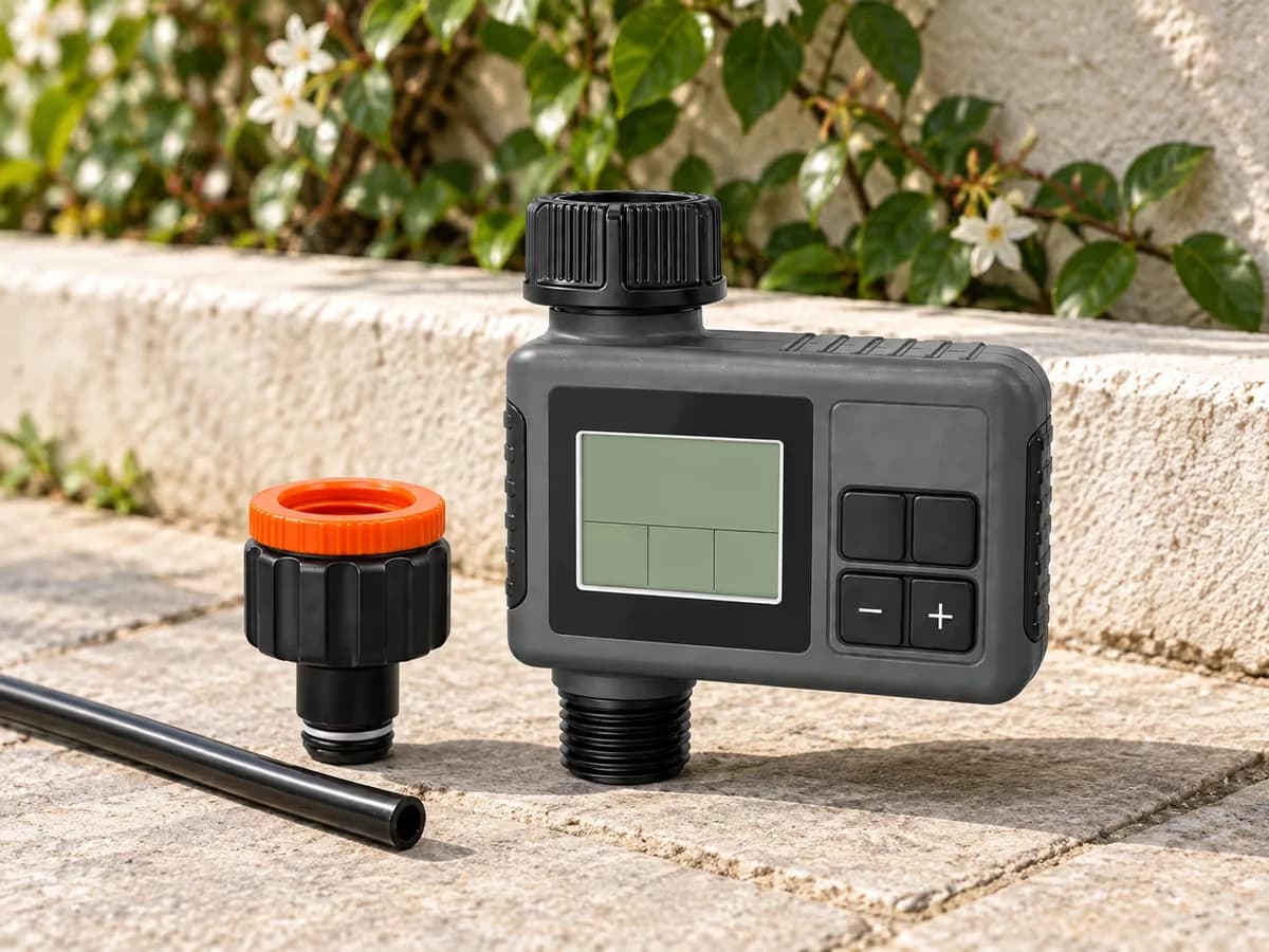 Programmateur d'arrosage anthracite à écran et quatre boutons posé contre un mur de terrasse, raccord de robinet à bague orange à côté