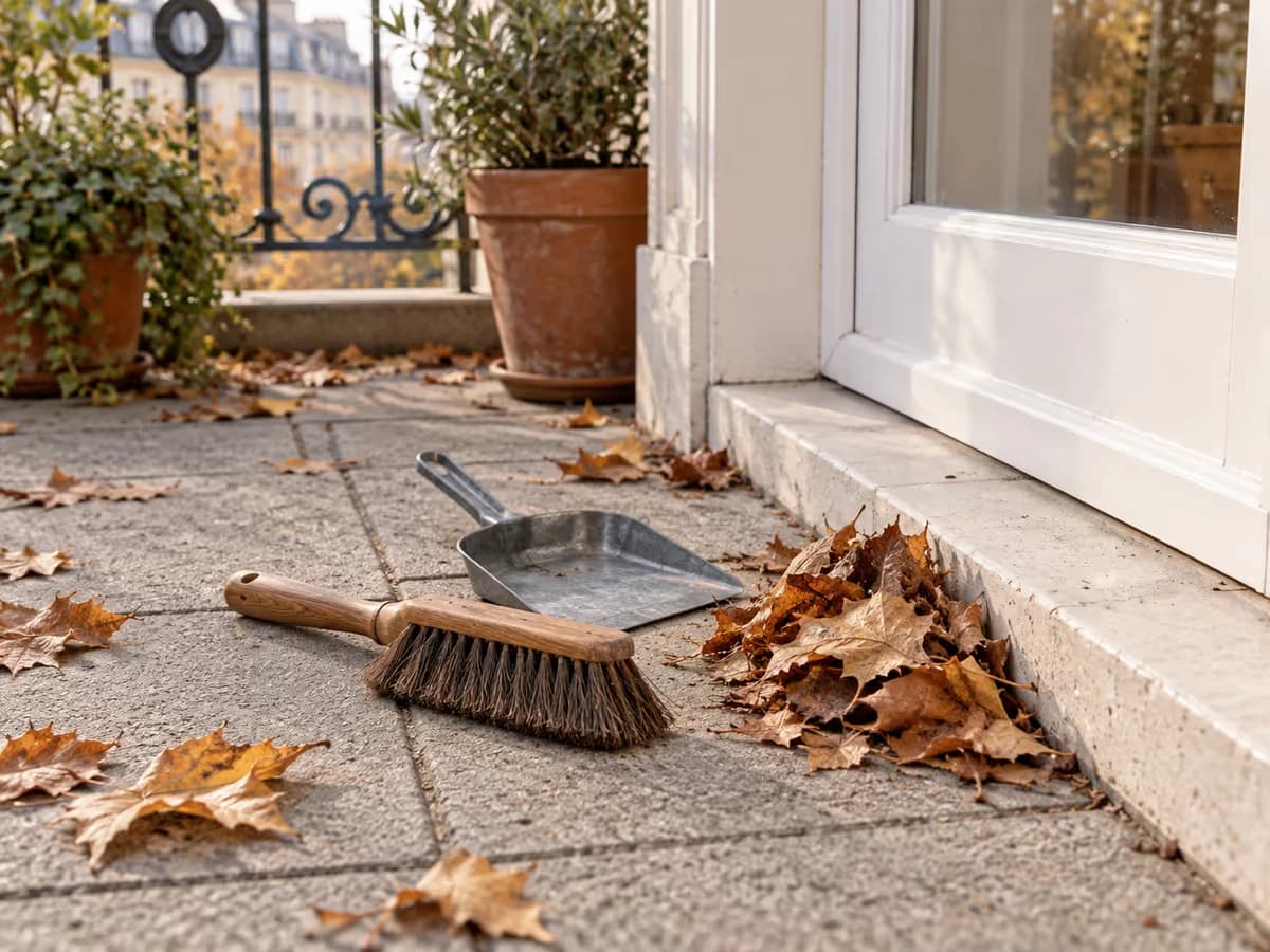 Balayette à poils durs et sa pelle posées sur des dalles de balcon, petit tas de feuilles mortes sèches rassemblé devant une porte