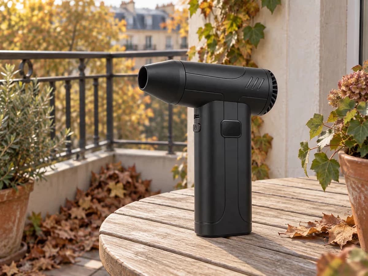 Mini souffleur rechargeable noir posé sur une table de balcon, feuilles mortes rassemblées dans l'angle du garde-corps en automne