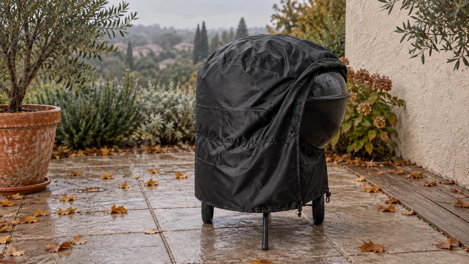 Gril à charbon rond sur pieds, couverture noire retirée à moitié, gouttes d'eau sur la cuve par un matin d'automne gris