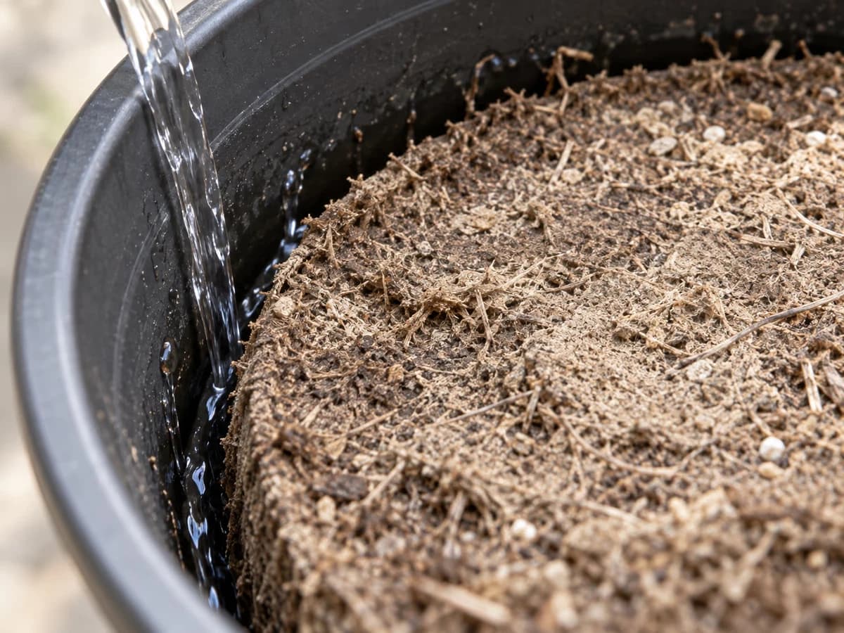Pot en plastique vu de près, terreau sec rétracté laissant un jour contre la paroi, eau qui descend le long du bord
