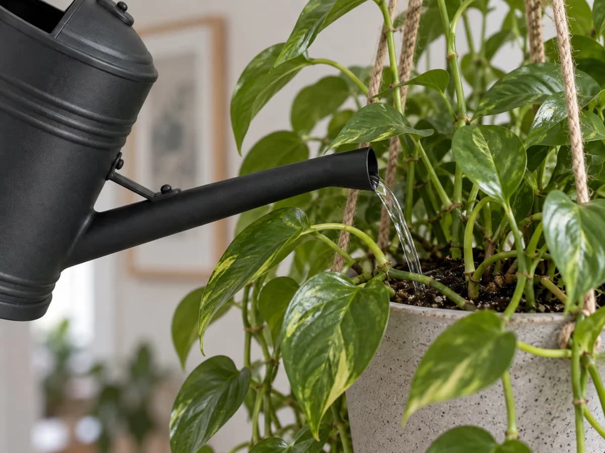 Bec nu d'un arrosoir noir glissé entre les tiges retombantes d'une plante en suspension, filet d'eau au pied de la tige