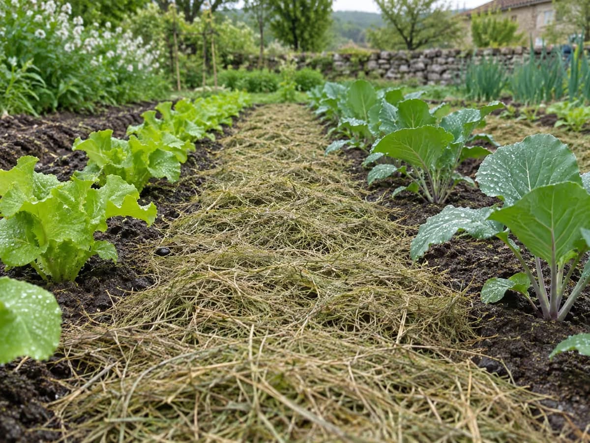 Bande de potager paillée de tonte séchée entre deux rangs de jeunes légumes après la pluie