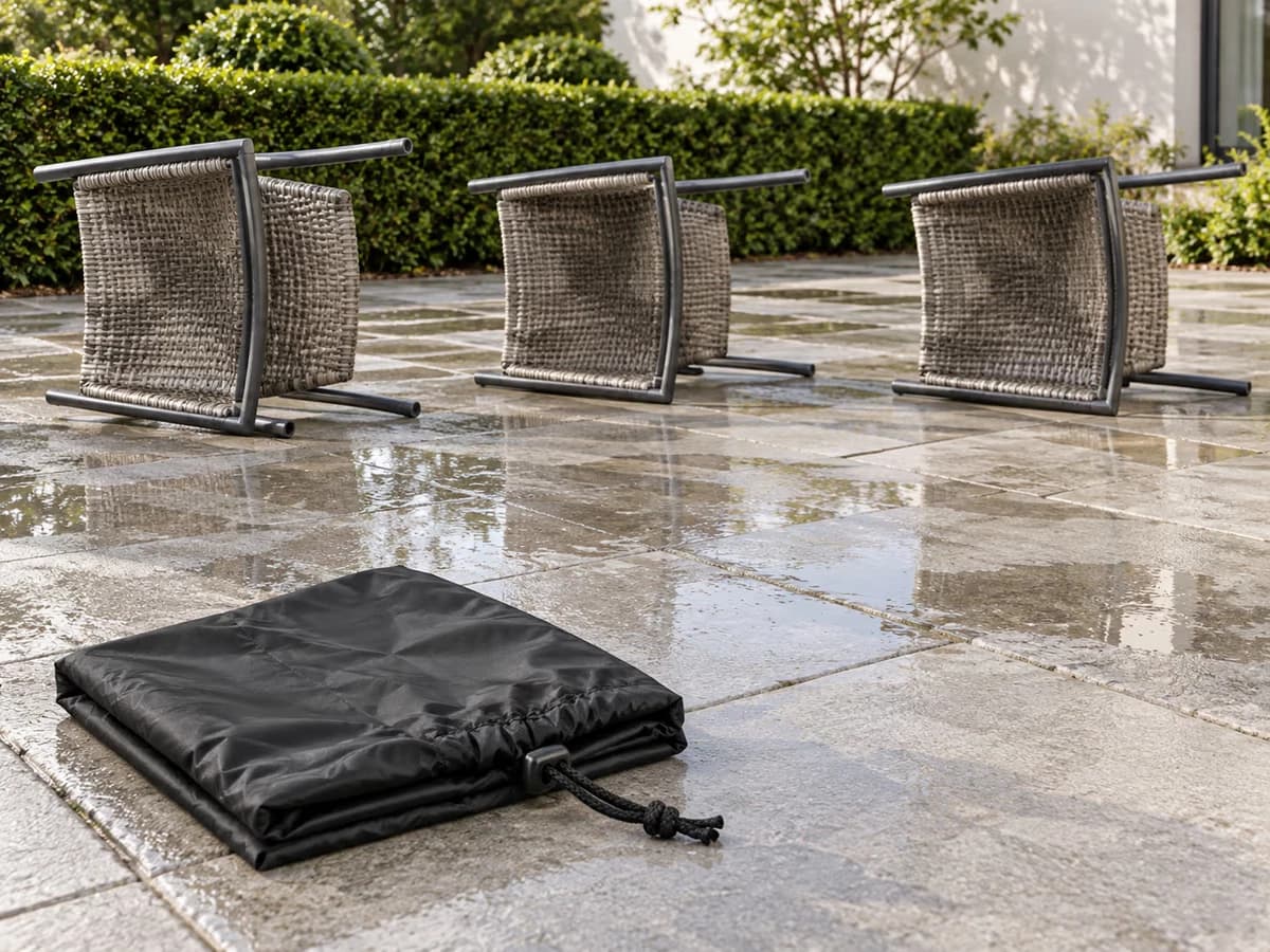 Trois chaises de jardin écartées et couchées sur le côté pour sécher sur une terrasse, housse pliée posée à proximité