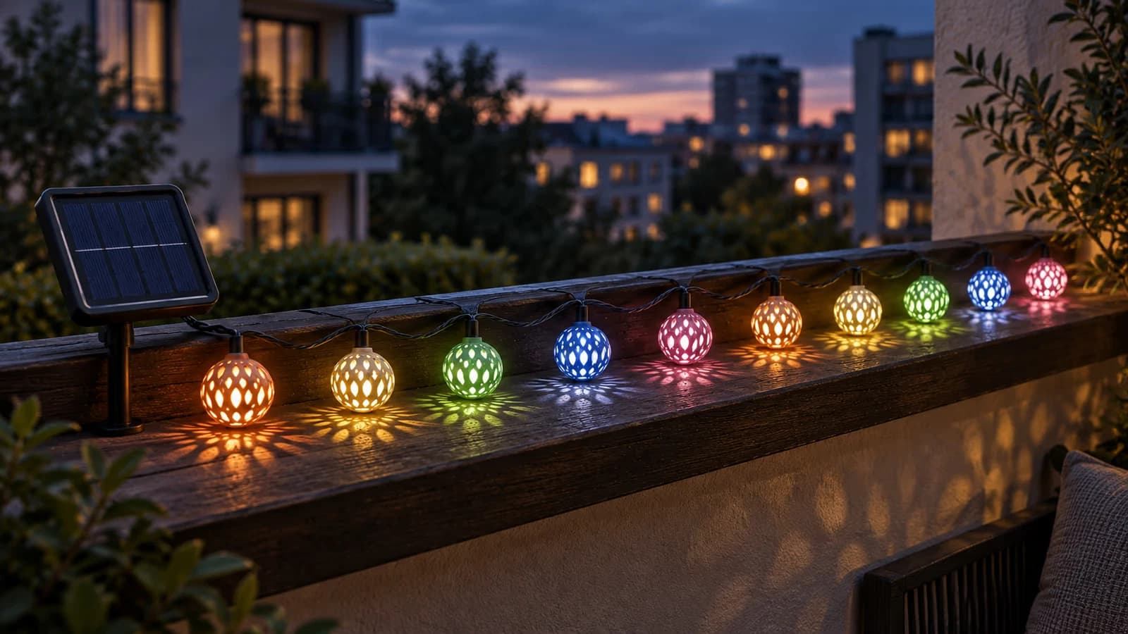 Guirlande solaire à boules marocaines ajourées posée sur la rambarde en bois d'un balcon urbain