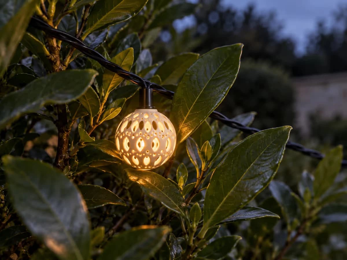 Gros plan sur une petite boule ajourée marocaine allumée dans les feuilles d'un laurier